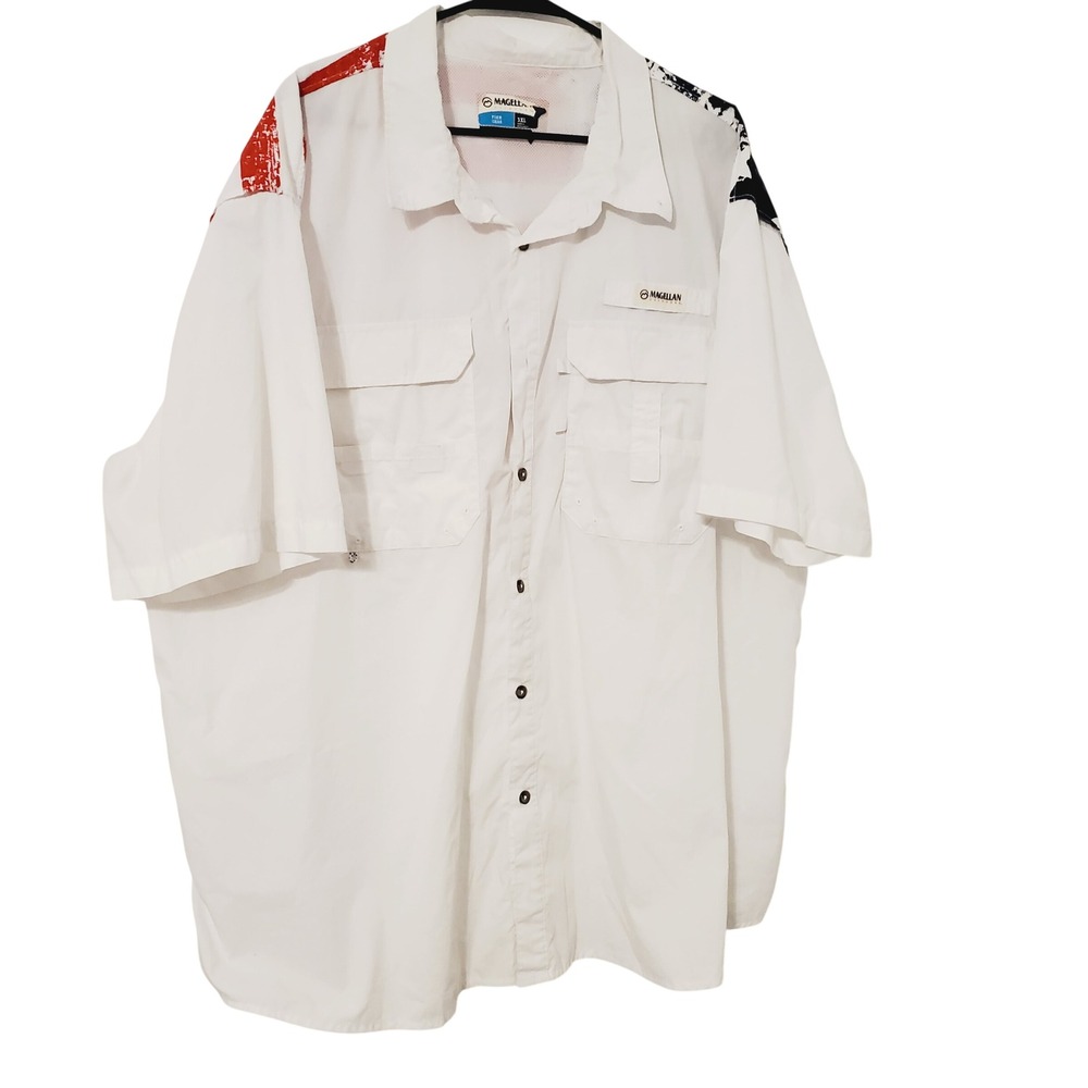Magellan Outdoors Mens 3XL White American Flag Fishing Shirt Lake Fork 157599